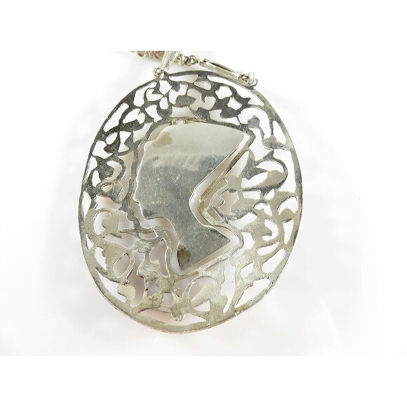 Egyptian Revival Silver Nefertiti Pendant Sarcophagus Necklace Large 3.5" Repair - Picture 7 of 16